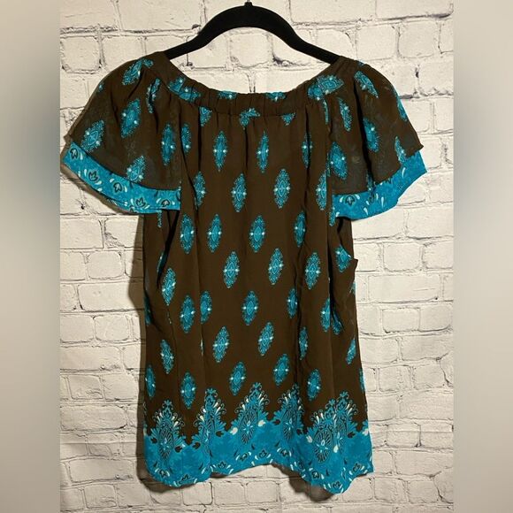 Apt 9 Women’s Cap Sleeve Tie Neck Top Size L Brown and Blue Layered - Picture 2 of 8